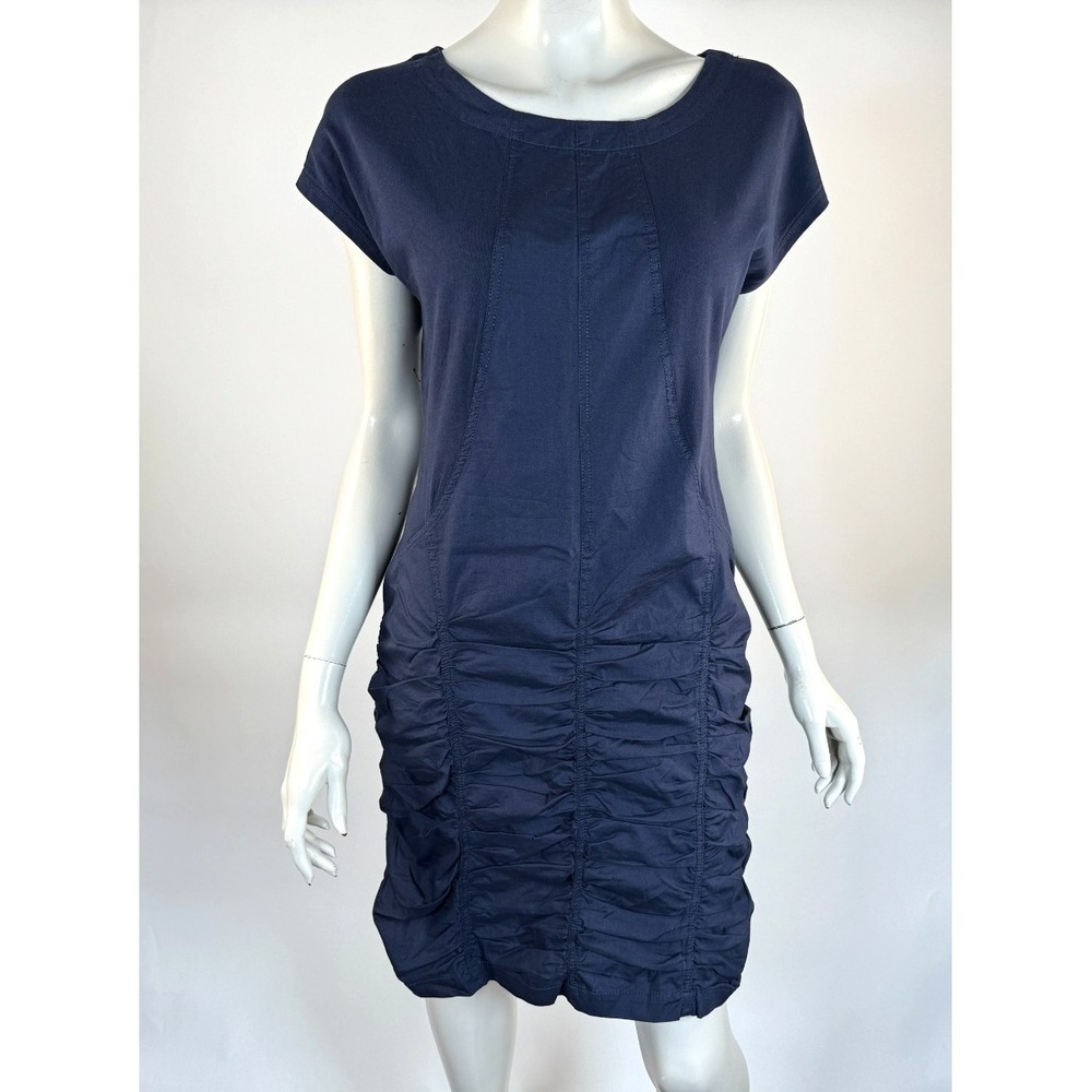 XCVI Aviana Dress Women M EUC Ruched Short Sleeve Scoop Neck Cotton Navy